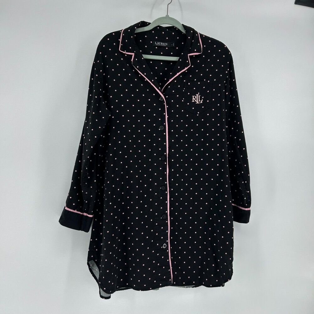 Lauren Ralph Lauren Nightgown Sleep Shirt Women's L Polka Dot Black Pink Pajama
